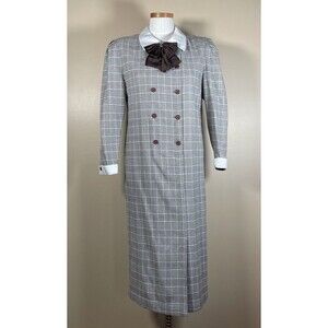 Vintage 80s  Plaid Dress Double Breasted Big Bow Contrast Collar C-38.5" Midi